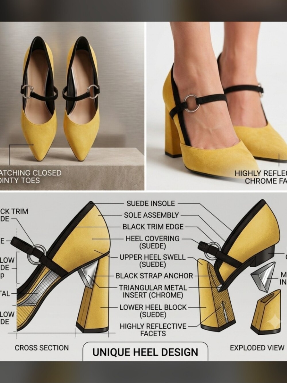Mustard Yellow Faux Suede Block Heel Pumps Ring Buckle Sz 41 / US 10